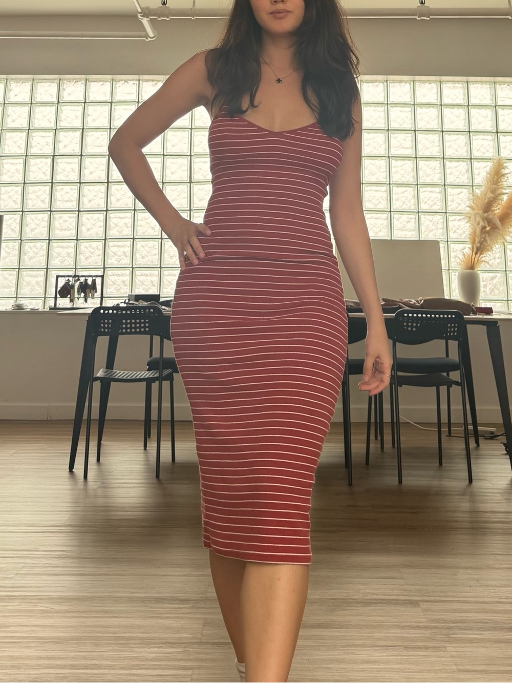 Women’s Body Con Red Striped Midi Dress